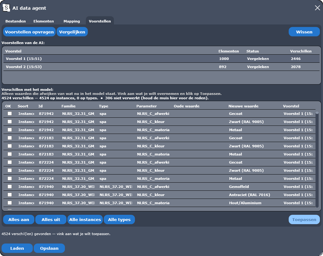 AI Revit agent, tabblad Voorstellen