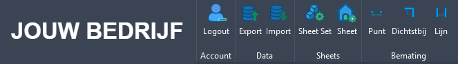 Eigen Revit-ribbon met jouw bedrijfsnaam en knoppen voor Account, Data, Sheets en Bemating